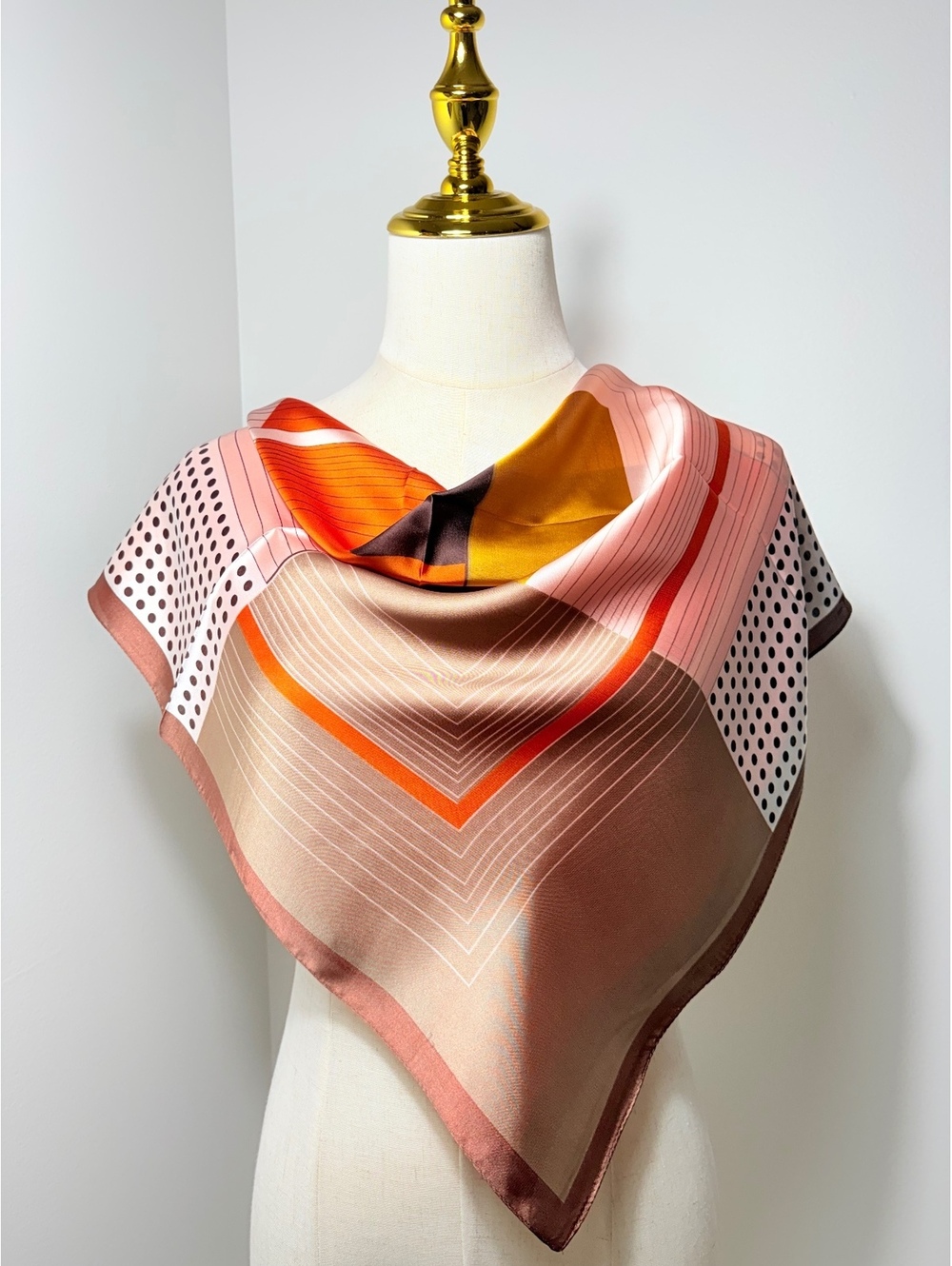 Vintage Geometric Pattern Scarf in Orange, Brown, and Black Polka Dots